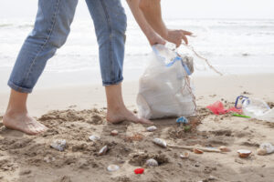 海岸でゴミ拾いをしている人物