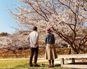 桜の木を見上げる老夫婦