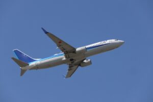 空を飛ぶ全日空機